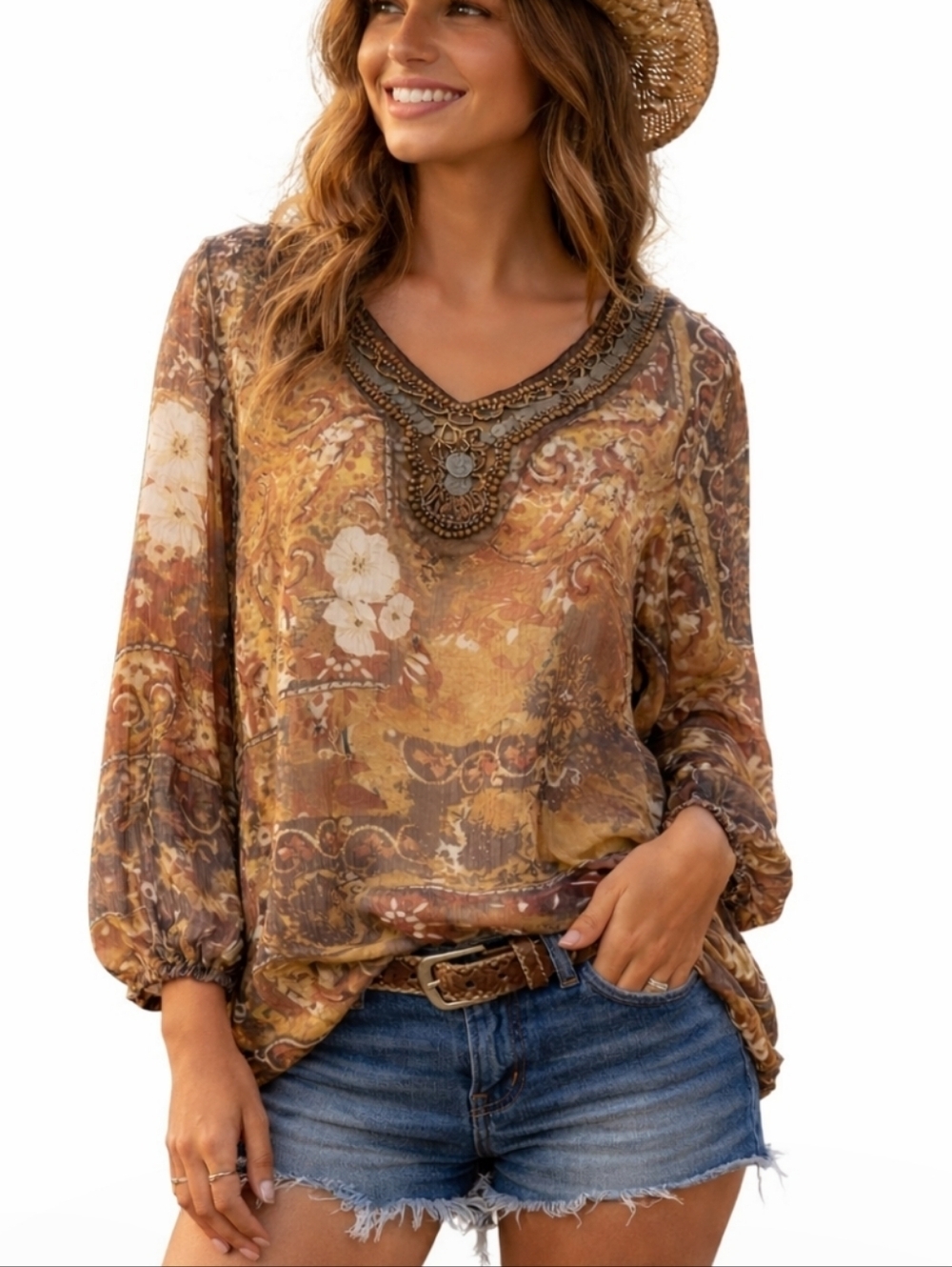 Boho Sheer Blouse Womens Large  Brown Paisley Floral Beaded Neck Top Western